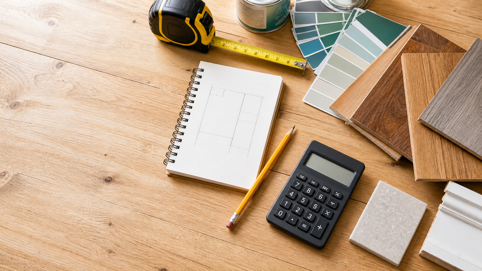 Tape measure, calculator, notebook, paint swatches, and flooring samples on a workbench